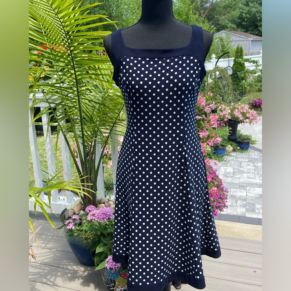 Chaps Women's Navy Blue with White Polka Dots Fit & Flare Dress Size Small